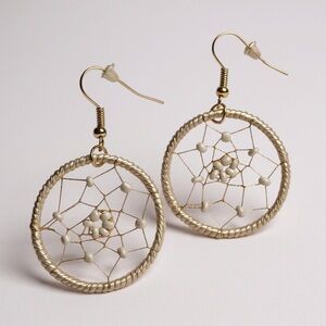 Gold Dreamcatcher Dangle Earrings String Wire Beaded Boho Festival Jewelry 2.15”